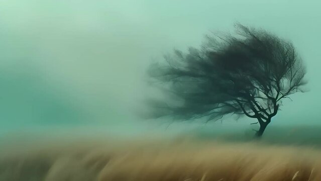 A lone tree in a field bends down from the strong wind