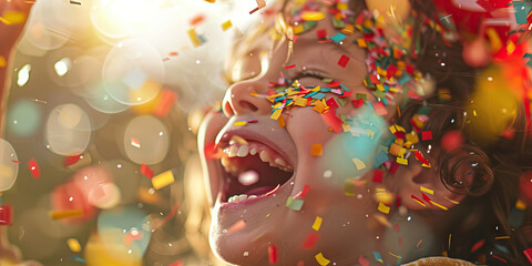 Fototapeta premium A child giggles as confetti bursts into the air at their birthday party