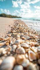 Close-up of seashells with beach background
