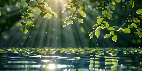 Sunlight streaming through leaves creates a pattern on a calm lake surface