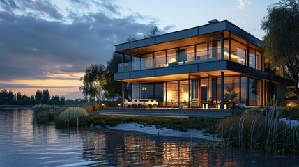 Obraz premium Contemporary House. Beautiful Blue Chalet Architecture by the River at Evening