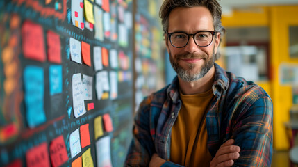 Fototapeta premium Colorful sticky notes on office wall with ideas and brainstorming