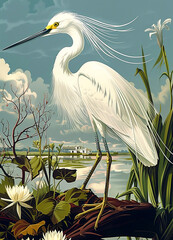 Snowy Heron Poster after Audubon