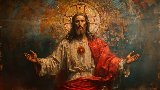 An artistic image of Jesus' Sacred Heart in oil painting