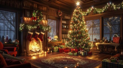 Fototapeta premium Interior christmas. magic glowing tree, fireplace, gifts.