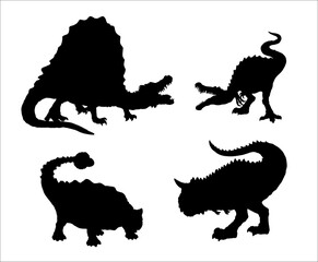 Black silhouette of carnivorous dinosaurs. Spinosaurus, Carnotaurus, Ankylosaurus and Baryonyx. Vector illustration.	
