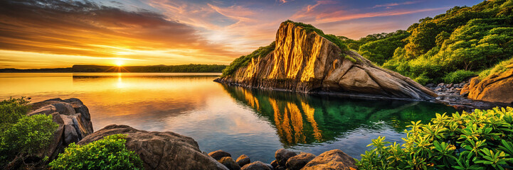 A serene landscape at sunset, featuring a large rock formation on the shore of a lake, with the warm glow of the setting sun reflecting off the water's surface. - Powered by Adobe
