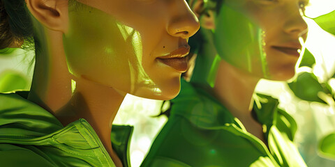 Green Guardians: A dynamic team of people, each wearing sustainable clothing, work together to protect and preserve the environment