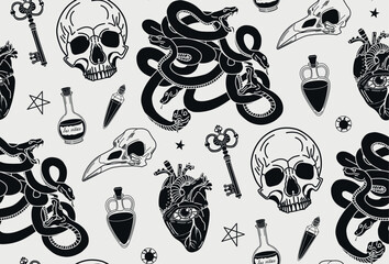 Seamless pattern. Vector illustration. Alchemical elements. Mystical pattern. Gothic ornament. Halloween pattern. hand drawn magical illustrations. Graphic background in vintage style.
