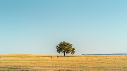 Obraz premium A single tree standing alone in a vast open field with a clear cloudless sky