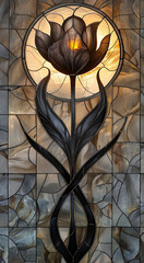 Elegant stained glass artwork featuring a vibrant blown tulip flower illuminated against a dark background.