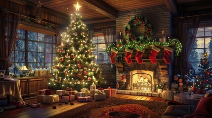 Interior christmas. magic glowing tree, fireplace, gifts.