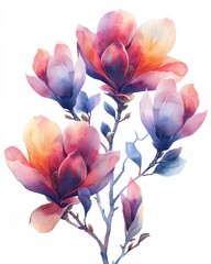 Vibrant watercolor illustration of blooming magnolia flowers, showcasing gradient colors in red, purple, and blue hues.