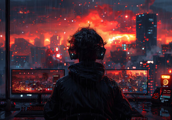 Gaming, a gamer sitting in front of his multiple screen, headphones on, playing video games, anime style, comic style, manga style, 4K