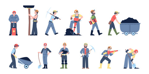 Mine industry workers. Professional miners with working tools and equipment. Coal in trolley, dynamite, shovels for use miner, recent vector set