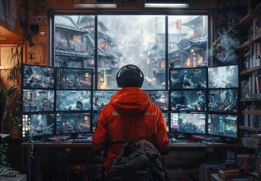 Gaming, a gamer sitting in front of his multiple screen, headphones on, playing video games, anime style, comic style, manga style, 4K