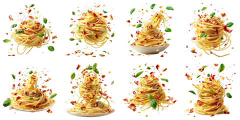 Collection of Pasta Carbonara With Ingredients isolated on transparent png background. Generative ai