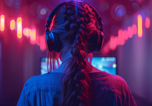 Gaming, a gamer sitting in front of his multiple screen, headphones on, playing video games, anime style, comic style, manga style, 4K