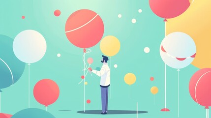 An illustration in 2D flat style featuring balloon animals being crafted by a minimalist character. The scene captures the playful and whimsical nature of balloon art at a party.