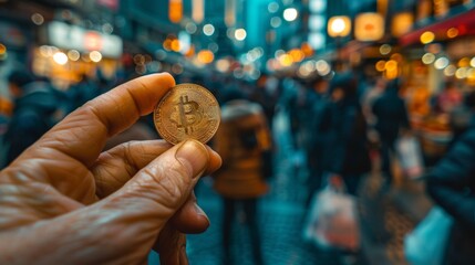 Elderly hand holding a Bitcoin in a crowded street market emphasizing digital economy