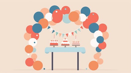 An illustration in 2D flat style featuring a balloon garland framing a dessert table. The minimalist design highlights the decorative and inviting aspect of the balloons.