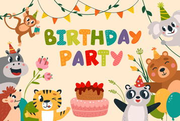 Birthday animal invitation. Children party card design with funny cartoon animals. Panda bear hippo monkey koala, festive cake, classy vector design