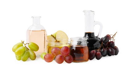 Different types of vinegar and ingredients isolated on white