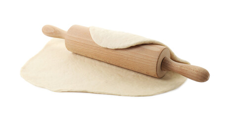 Raw dough and rolling pin isolated on white