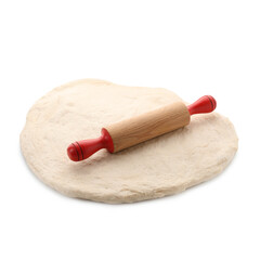 Raw dough and rolling pin isolated on white