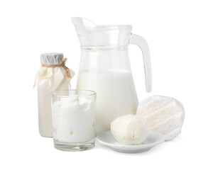 Different fresh dairy products isolated on white