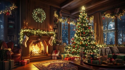 Interior christmas. magic glowing tree, fireplace, gifts.