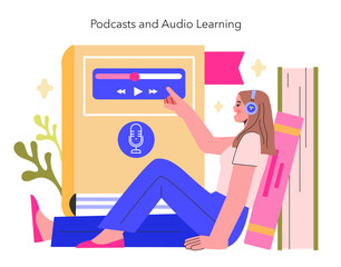 Podcasts and Audio Learning concept A learner tunes into an educational podcast, combining leisure with learning through audio platforms Vector illustration