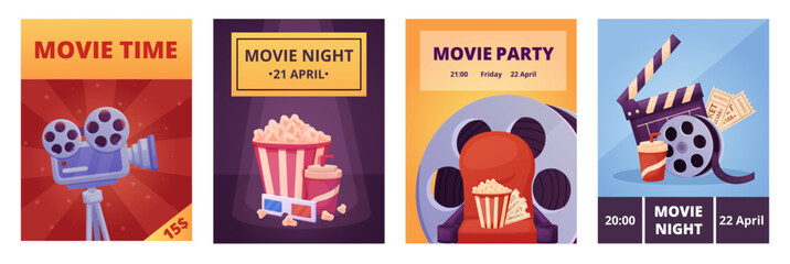 Cinema cartoon posters. Movie premiere banners design with chairs megaphone clapping. Popcorn in basket and camera, nowaday vector flyers