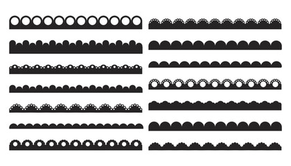 Scalloped edge border frilly stroke divider black silhouette stripe, tape collection isolated on white background. Traditional simple ornament with circles, embroidery ribbon.