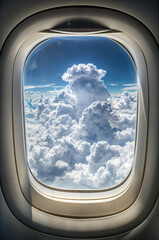 View of a cloud from an airplane window. Flying on an airplane. Organizing your holiday travel
