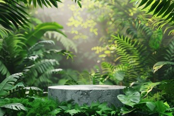 Concrete podium tabletop floor in outdoor tropical garden forest blurred green leaf plant nature background.Natural product placement pedestal stand display. generative ai.