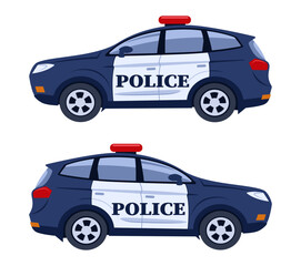 Police car set. Police service concept, calling the police. Set of vector illustrations isolated on a white background.