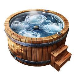 Fototapeta premium Wooden Hot Tub With Water and Steps, Isolated on a Transparent Background, Graphic Resource