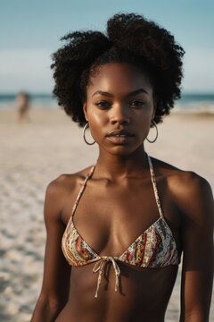 A beautiful African American woman in a mini bikini on the beach.