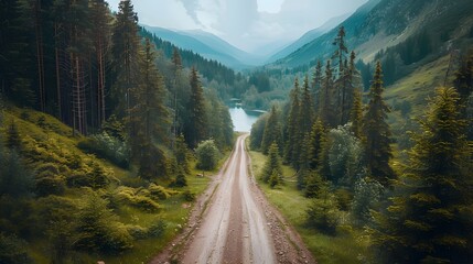 A dirt road with green forest on both sides and a river running through the valley in front of it.