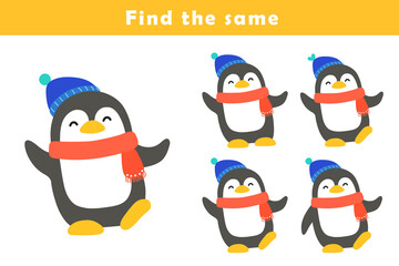 Find same picture worksheet for kids. Worksheet for kids kindergarten, preschool and school age. Education game for children with cute penguin illustration.