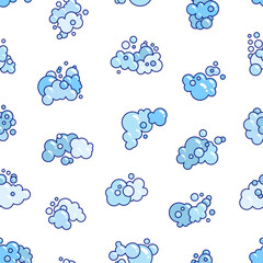 Foam made of soap or clouds. Seamless pattern. Bubbles of different shapes. Hand drawn style. Vector drawing. Design ornaments.