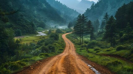 A dirt road with green forest on both sides and a river running through the valley in front of it. - Powered by Adobe