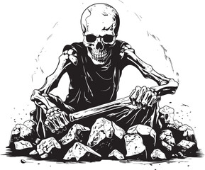 Skeleton Working on Stone Clean Graphic Symbol Bone Art on Solid Rock Modern Icon Design