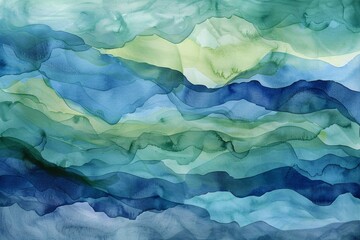Naklejka premium An abstract watercolor painting inspired by nature, featuring soft green and blue tones that blend seamlessly to evoke a sense of peace and natural beauty