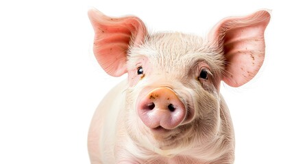 Fototapeta premium Close-up of a cute piglet against a white background. Young pig looking curious and playful, captured with soft lighting.