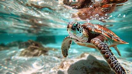 Serene turtle with a gentle turquoise aura swimming in clear water