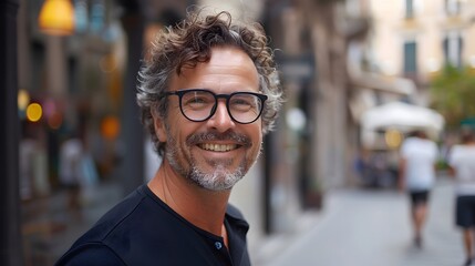 Obraz premium A handsome middleaged man wearing glasses and black shirt smiles at the camera, standing in an urban street with blurred background.