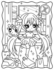 Kawaii girl, gemini, zodiac sign, cute girl, twins, shopping, mirror. Cute characters. Coloring page, page, book, black and white vector illustration.