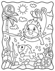 Pisces and Leo. Kawaii. Cute characters. Coloring page, page, book, black and white vector illustration. Zodiac signs, horoscope.